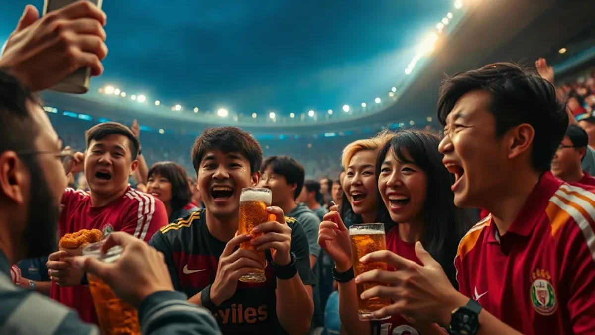 축구 경기 관람 중 치킨을 즐기는 팬들