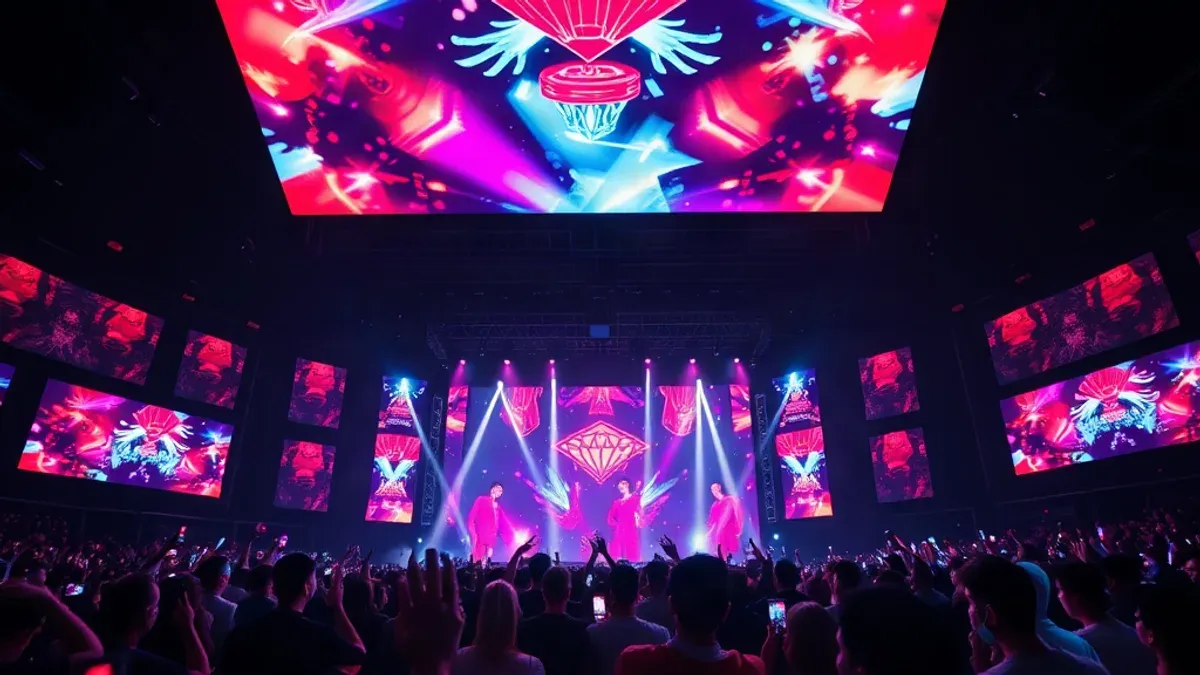 K-POP 콘서트 무대와 대형 스크린, 그리고 열광하는 관객들의 모습