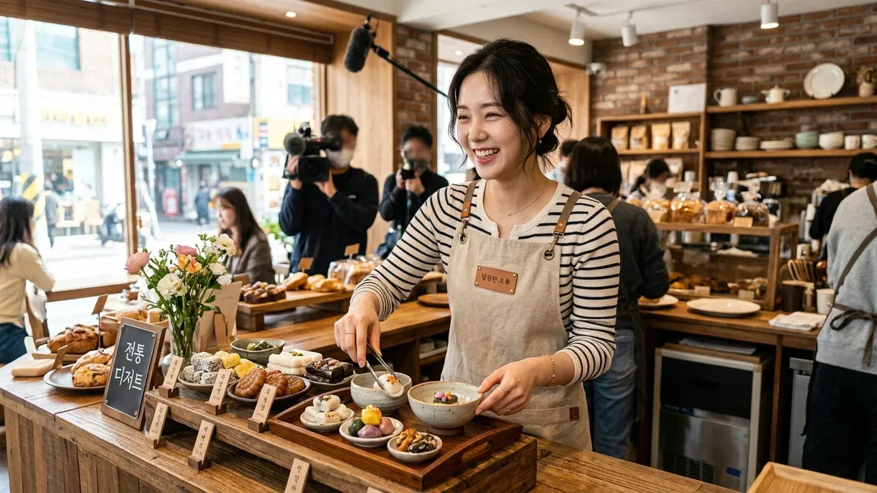 우주떡집에서 밝은 미소로 디저트 메뉴를 준비하는 카리나.