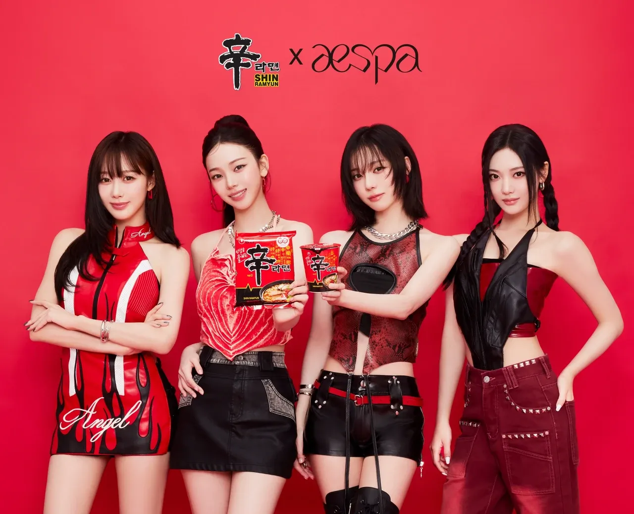 농심 신라면 공식 글로벌 앰버서더로 발탁된 에스파(aespa) 단체 화보.
