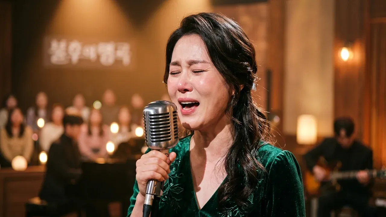 화려한 무대 조명 아래서 감동적인 보컬을 선보이는 트로트 여제.